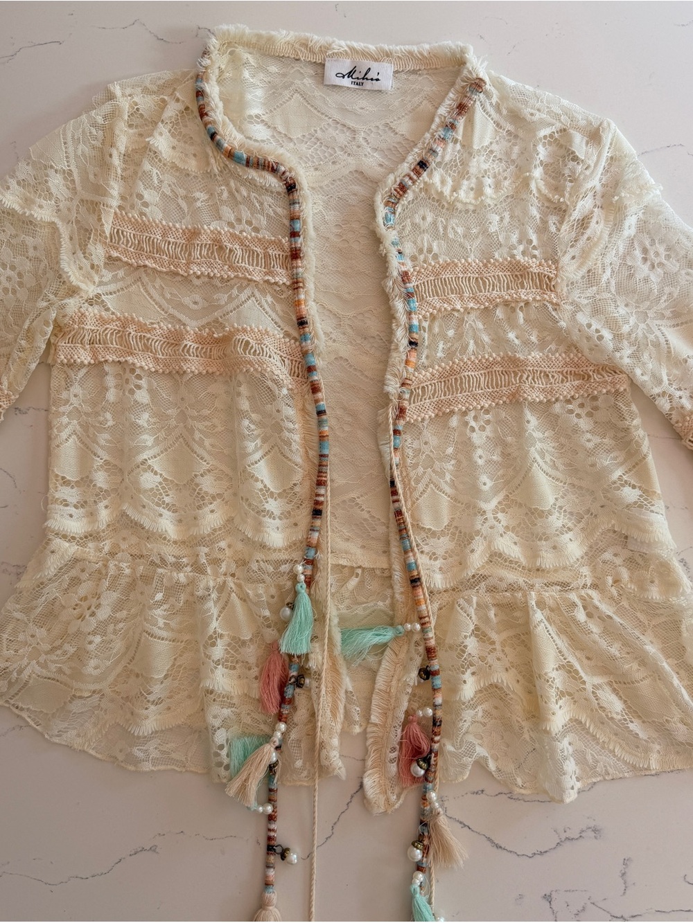 Michi’s Italy Cream Boho Lace Jacket with Beaded Tassel Trim Festival Coverup
